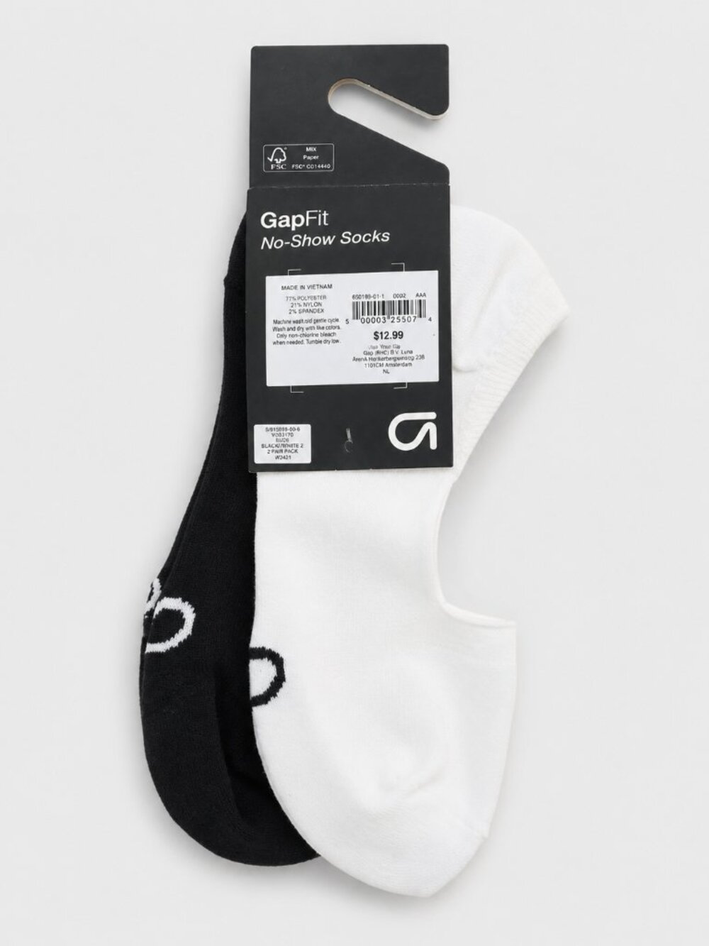 NWT GapFit No-Show Socks 2 Pair Pack Black White One Size